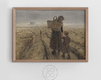 Country Fields Painting, Family Print, Motherhood Wall Art, Antique Landscape Printable, Vintage Tonal Wall Art | SKU 551