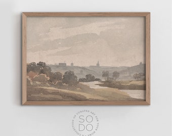 Warm Tone Wall Decor, Watercolor Landscape Print, Antique Rustic Painting Instant Download | SKU 577