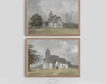 Church Wall Art Set of TWO Prints, Church Art Print, Country Chapel, Christian Theme Paintings | SKU S504