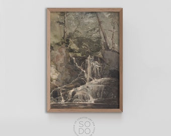 Vintage Waterfall Landscape Painting | Tonal Wall Art with Muted Colors | Vintage Waterfall Wall Art | Printable Moody Landscape | SKU 516