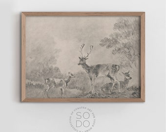 Vintage Nursery Painting, Nursery Art Deer Sketch, Cottage Art Digital Print,  Baby Nursery Fawn Print | SKU 474