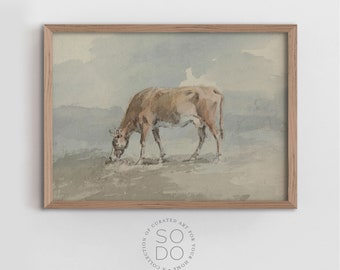 Farmhouse Watercolor Art, Muted Cow Painting, Rustic Farmhouse Cow Painting, Cottage Print, Muted Colours Art | SKU 575