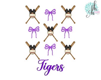 Tigers Baseball Bows Purple & Black Sublimation Design PNG | Digital Download