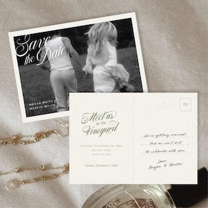 May include: Black and white wedding announcement with the text "Save the Date" and a photo of a couple running. The back of the announcement reads "Meet us in the Vineyard" with wedding details.