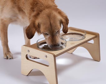 Elevated Birch Plywood Pet Feeder with Tempered Glass Bowls | FN3