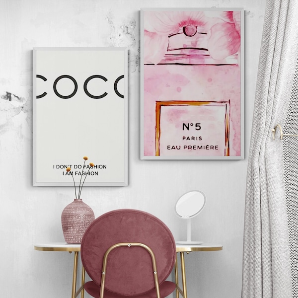 Coco Perfume Wall Prints, Set of 2 Coco Perfume prints, Fashion Prints, Pink and White wall art, Luxury Digital Instant Print, Coco Prints