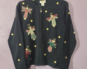 Talbots Strickjacke Pullover Schwarze Engel Sterne Gestickte Zip Up Damen Vtg Baumwolle