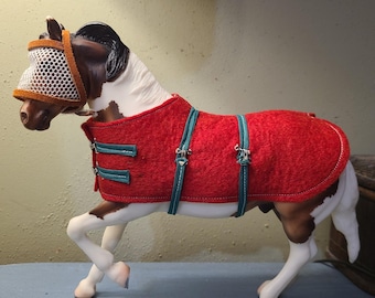 Handmade Model Horse Blanket Fly Mask Set Traditional Size Red Tack Set