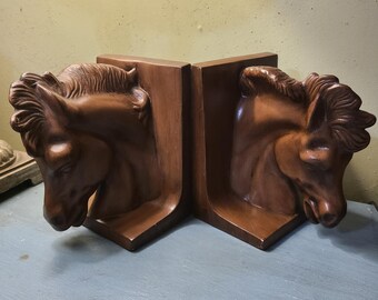 Vintage Mid Century Horse Head Bookends Set Brown Wood Grain Ceramic Antiqued