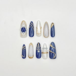 Royal Blue Press On Nails: Gold & Pearl Oval Reusable Fake Nails