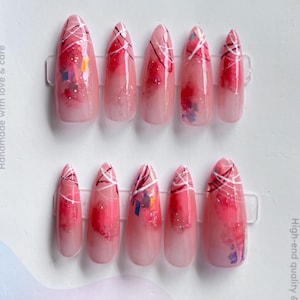 Pink Long Oval Shape Press On Nails, Abstract Design, Handmade Nails, Custom Nails, Valentine&#39;s Party Nails, Trendy Nails