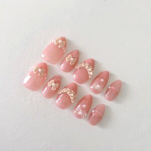 Pink French Press On, Cat Eye Short Nails, Handmade Kawaii Ruffle Nails Set