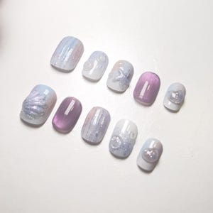 Mermaid Press On Nails: Purple Shell Glitter Short Square Fake Nails