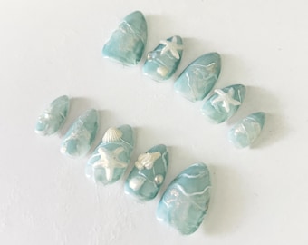 Mermaid Press On Nails: Seafoam Blue Shell 3D Summer Nails