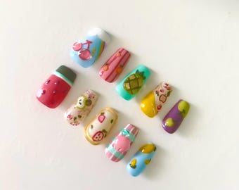 3D Sommer Frucht Drücken Auf den Nägeln, Handgemachte Kawaii Gefälschte Nägel, Erdbeere Kirsche Nail Art