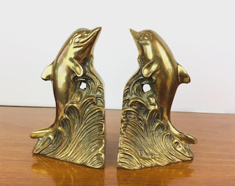 Vintage Pair of BRASS DOLPHIN Bookends / Coastal Beach Decor / Hollywood Regency