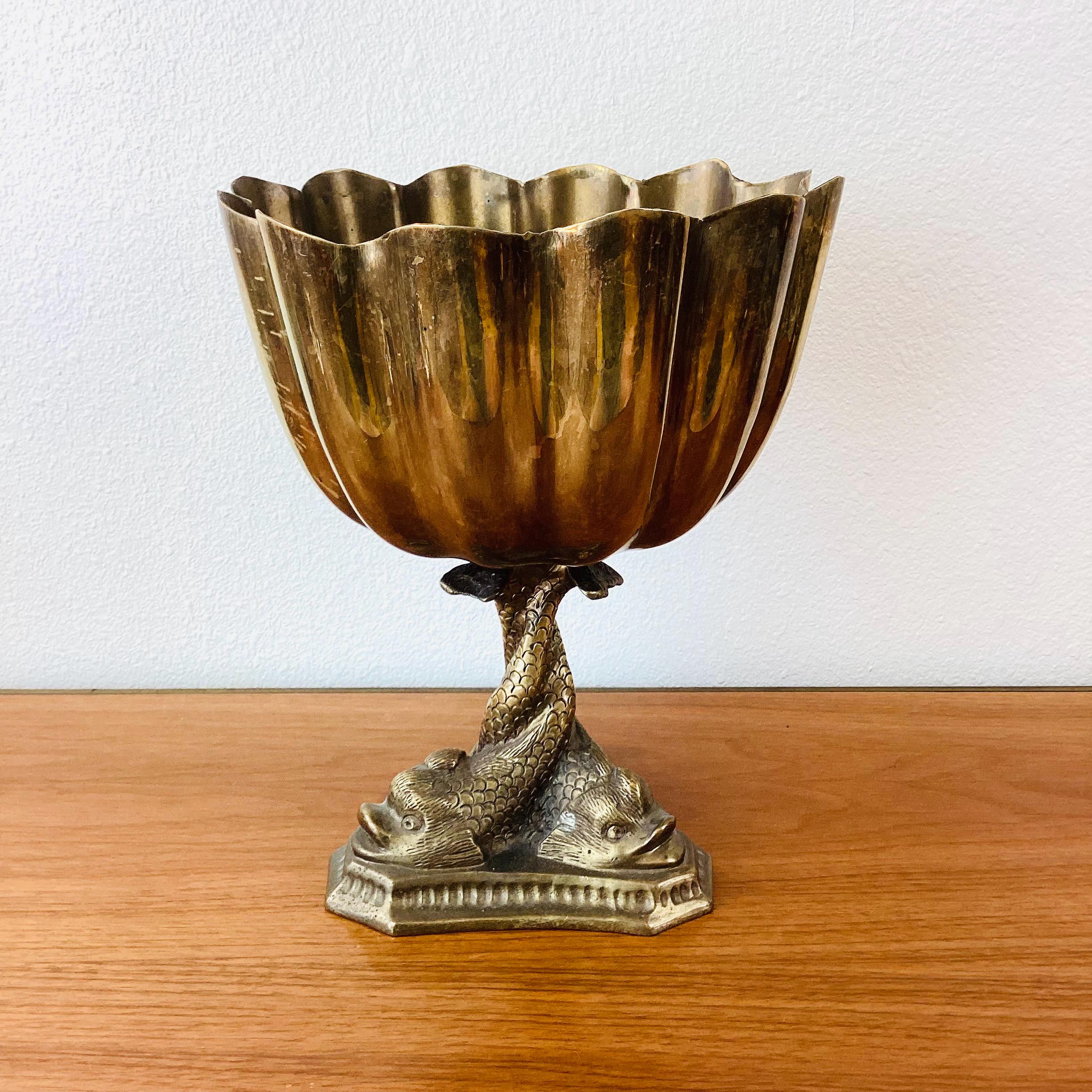 Vintage 1970s BRASS ANTIQUE DOLPHIN Compote Pedestal Bowl Vessel Ice Bucket / Hollywood Regency
