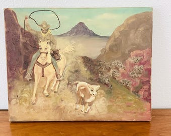 Vintage WESTERN Style ROPING COWBOY Amateur Art Painting