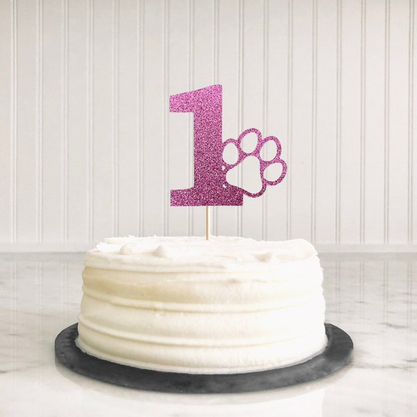 Dog Birthday Cake Topper | First Birthday Cake Topper | Dog Party Cake Topper | Pink 1 Paw Print Cake Topper