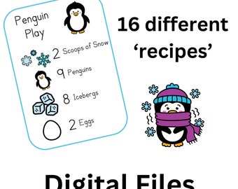 May include: A printable penguin-themed activity sheet with a list of ingredients for a penguin play recipe. The ingredients include scoops of snow, penguins, icebergs, and eggs. The sheet is titled "Penguin Play" and includes a cartoon penguin illustration. The text "16 different 'recipes'" is written above the penguin illustration. The text "Digital Files" is written below the sheet.