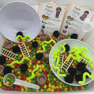 May include: A sensory bin with colorful beads, small wooden ladders, black pom-poms, and green pipe cleaners. Two white bowls and a scoop are included. Cards with the text "Apple Picking Fun" and illustrations are also present.