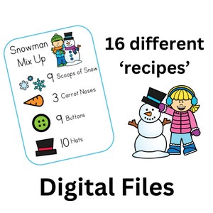 May include: A printable snowman mix-up activity with 16 different recipes. The card shows a snowman with 9 scoops of snow, 3 carrot noses, 9 buttons, and 10 hats. The text 'Snowman Mix Up' is at the top of the card. The card is blue and white.