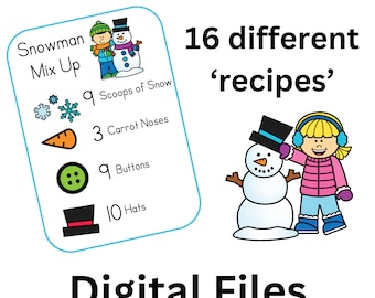 May include: A printable snowman mix-up activity with 16 different recipes. The card shows a snowman with 9 scoops of snow, 3 carrot noses, 9 buttons, and 10 hats. The text 'Snowman Mix Up' is at the top of the card. The card is blue and white.