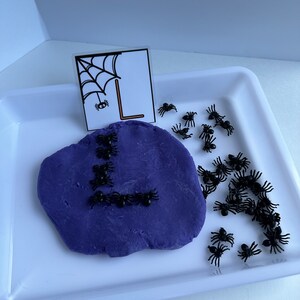 May include: Purple play dough shaped into the letter L with black plastic spiders arranged around it. A white card with a black spider web and the letter L is in the background.
