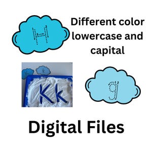 May include: Image features the text "Different color lowercase and capital" and "Digital Files". There are cloud-shaped illustrations with letters and numbers. The image also shows the letters "K" written in a white substance.