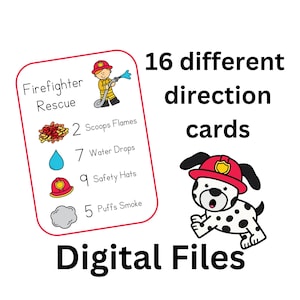 May include: A digital file graphic with a firefighter theme. The image includes a card with illustrations of flames, water drops, safety hats, and smoke. Text reads "Firefighter Rescue" and "16 different direction cards."