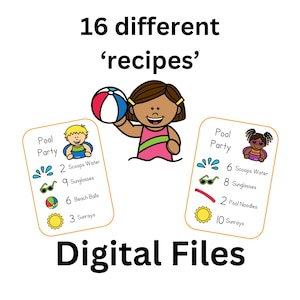 May include: A digital graphic with the text "16 different 'recipes'" and "Digital Files". The image features a cartoon girl holding a beach ball, and two recipe cards with pool party ingredients like sunglasses and beach balls.