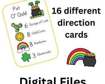May include: A printable game card with a yellow border and a green shamrock, gold coin, rainbow, and a pot of gold with a leprechaun's legs sticking out. The card says "Pot O' Gold" and lists the number of each item. The text "16 different direction cards" is in black text on a white background.