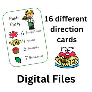Op de afbeelding: Een printbaar digitaal bestand voor 16 pasta-party instructiekaarten. Elke kaart heeft een cartoonkok en een lijst met ingrediënten met nummers. De tekst op de kaart luidt "Pasta Party".