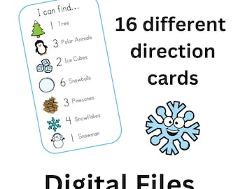 May include: A printable winter-themed activity card with a list of winter items to find. The card features a tree, polar animals, ice cubes, snowballs, pinecones, snowflakes, and a snowman. The text on the card reads "I can find..." and lists the number of each item to find. The card is part of a set of 16 different direction cards.