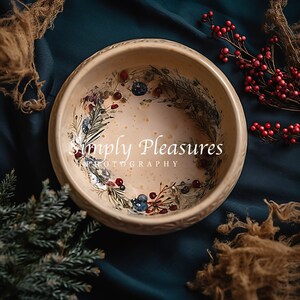 May include: A white ceramic bowl with a floral design featuring red berries, blue flowers, and green leaves. The bowl is on a dark blue background.