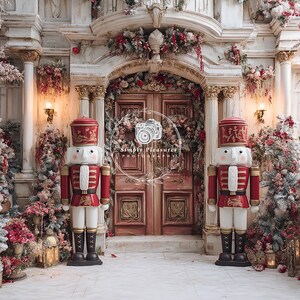 May include: A festive Christmas scene featuring two large nutcracker statues in red and white uniforms flanking a wooden door. The doorway is adorned with floral arrangements and garlands, creating a holiday atmosphere.