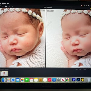 May include: A close-up image of a sleeping newborn baby, wrapped in a white knitted blanket, wearing a floral headband. The baby has fair skin and closed eyes. The image is split, showing an original and an edited version of the photograph.