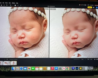 May include: A newborn baby with closed eyes wearing a white knitted wrap and a delicate floral headband. The baby's skin is fair, and the image is a close-up, capturing the peaceful expression. The image is split, showing an original and edited version.