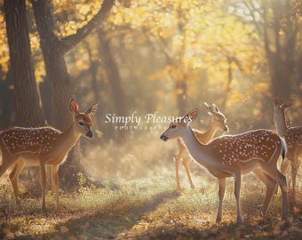 May include: A group of deer with white spots on their brown coats stand in a sunlit forest. The image features a warm color palette with golden light filtering through the trees, creating a serene and natural scene.