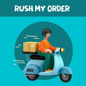 May include: A blue scooter with a brown box on the back, driven by a person wearing a green and orange outfit and a black helmet. The text "RUSH MY ORDER" is at the top of the image.