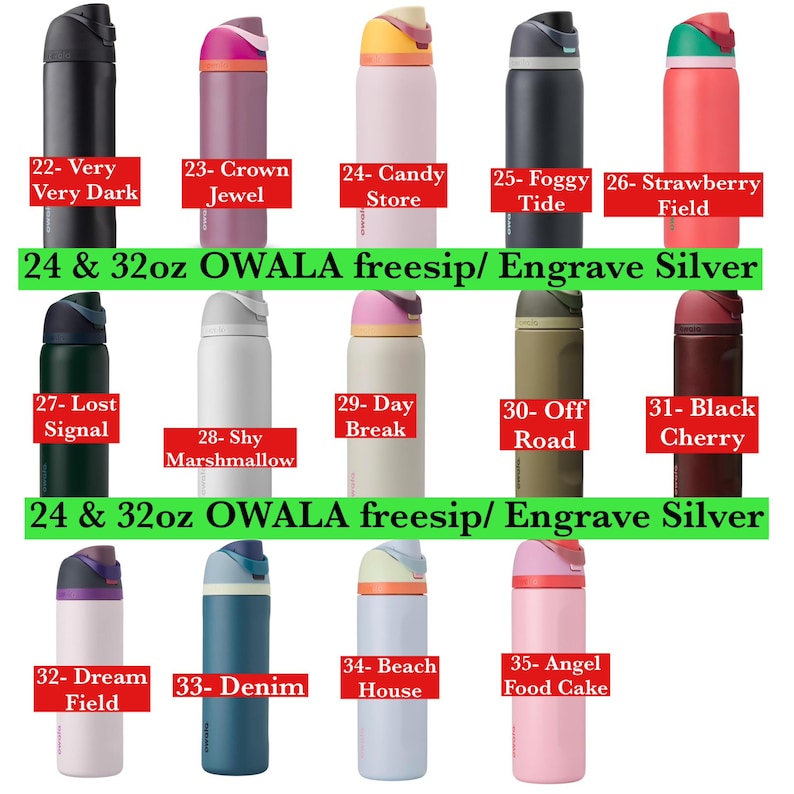 May include: A collection of Owala FreeSip water bottles in 24 and 32 oz sizes, displayed in various color combinations including Very Very Dark, Crown Jewel, Candy Store, Foggy Tide, Strawberry Field, Lost Signal, Shy Marshmallow, Day Break, Off Road, Black Cherry, Dream Field, Denim, Beach House, and Angel Food Cake.