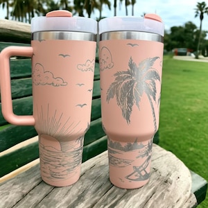 Beach Tumbler|beach water bottle|beach theme coffee mug|beach theme tumbler with handle|40 ounce tumbler for beach|beach theme 40oz tumbler