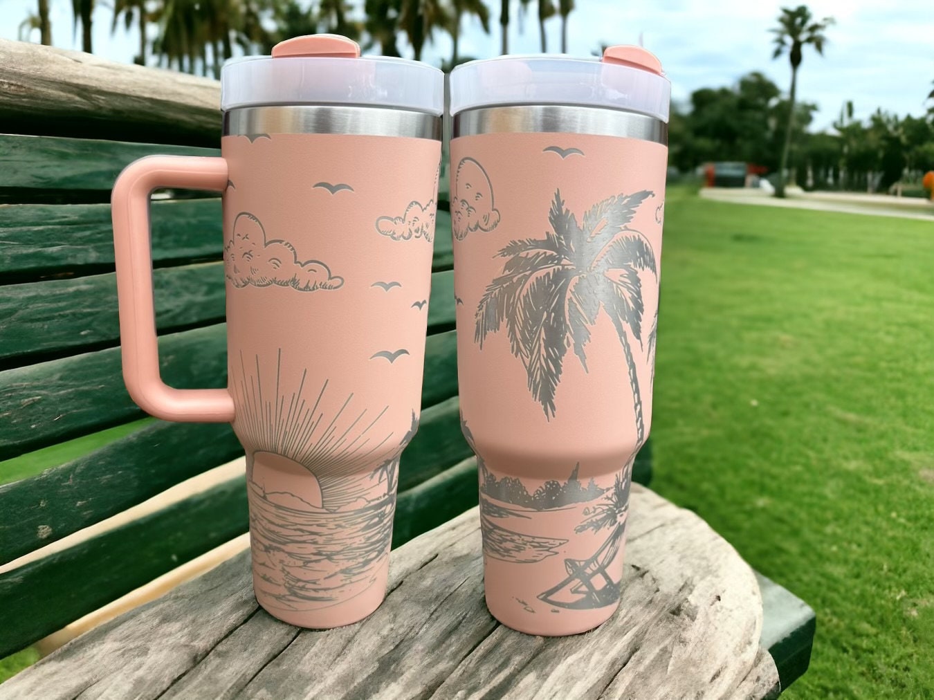 Beach Tumbler|beach water bottle|beach theme coffee mug|beach theme tumbler with handle|40 ounce tumbler for beach|beach theme 40oz tumbler