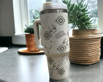 Western 40 ounce tumbler|Western tumbler|Cowgirl tumbler|Aztec tumbler|White tumbler|White 40 ounce tumbler|White tumbler with handle|40 oz