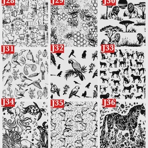 May include: A collection of black and white patterned designs. The patterns include farm animals, bees, lions, birds, dogs, parrots, turtles, dolphins, and a horse. Each design is unique and detailed, perfect for various applications.
