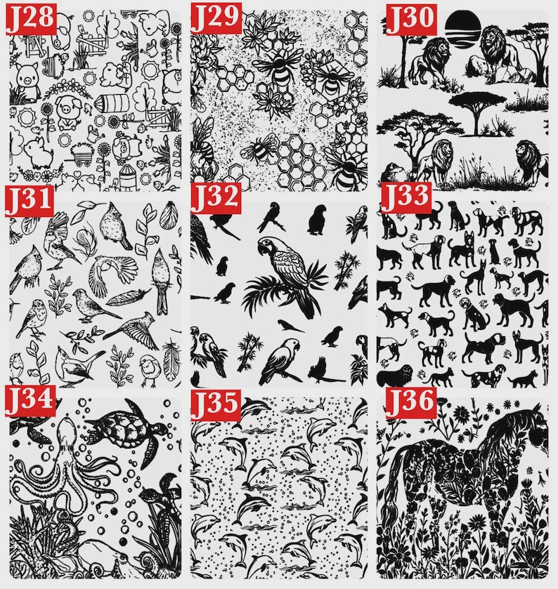 May include: A collection of black and white patterned designs. The patterns include farm animals, bees, lions, birds, dogs, parrots, turtles, dolphins, and a horse. Each design is unique and detailed, perfect for various applications.
