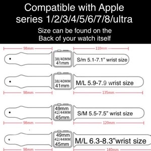 May include: Diagram detailing Apple Watch strap sizes, compatible with series 1-8 and Ultra. Displays measurements in millimetres and inches for wrist sizes. Text indicates compatibility for 38/40/41mm and 42/44/45mm watch faces.