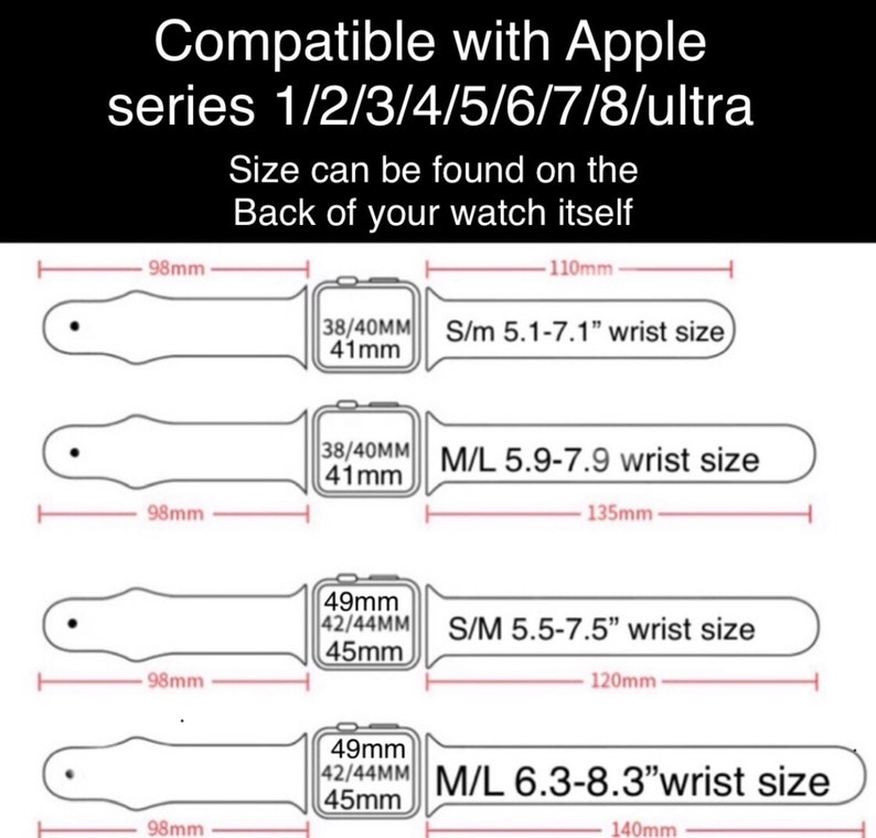 May include: Diagram detailing Apple Watch strap sizes, compatible with series 1-8 and Ultra. Displays measurements in millimetres and inches for wrist sizes. Text indicates compatibility for 38/40/41mm and 42/44/45mm watch faces.