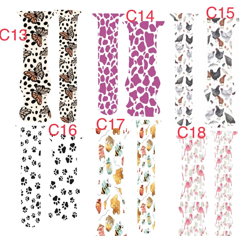 May include: A selection of watch straps featuring diverse patterns. Designs include butterflies, cow spots, chickens, paw prints, bees with honeycombs, and flamingos. The straps are in various colours, including white, purple, and pink.