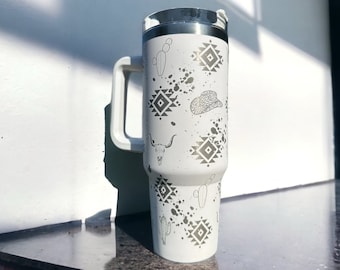 Aztec Engraved 40 ounce tumbler|Aztec coffee mug|Engraved aztec cup|40 ounce cow mug|40 oz white mug|birthday gift for her|white 40 oz cup